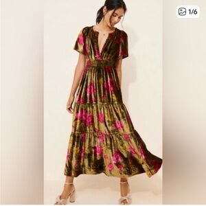 Anthropologie Velvet Maxi Dress with Pink Floral Accents